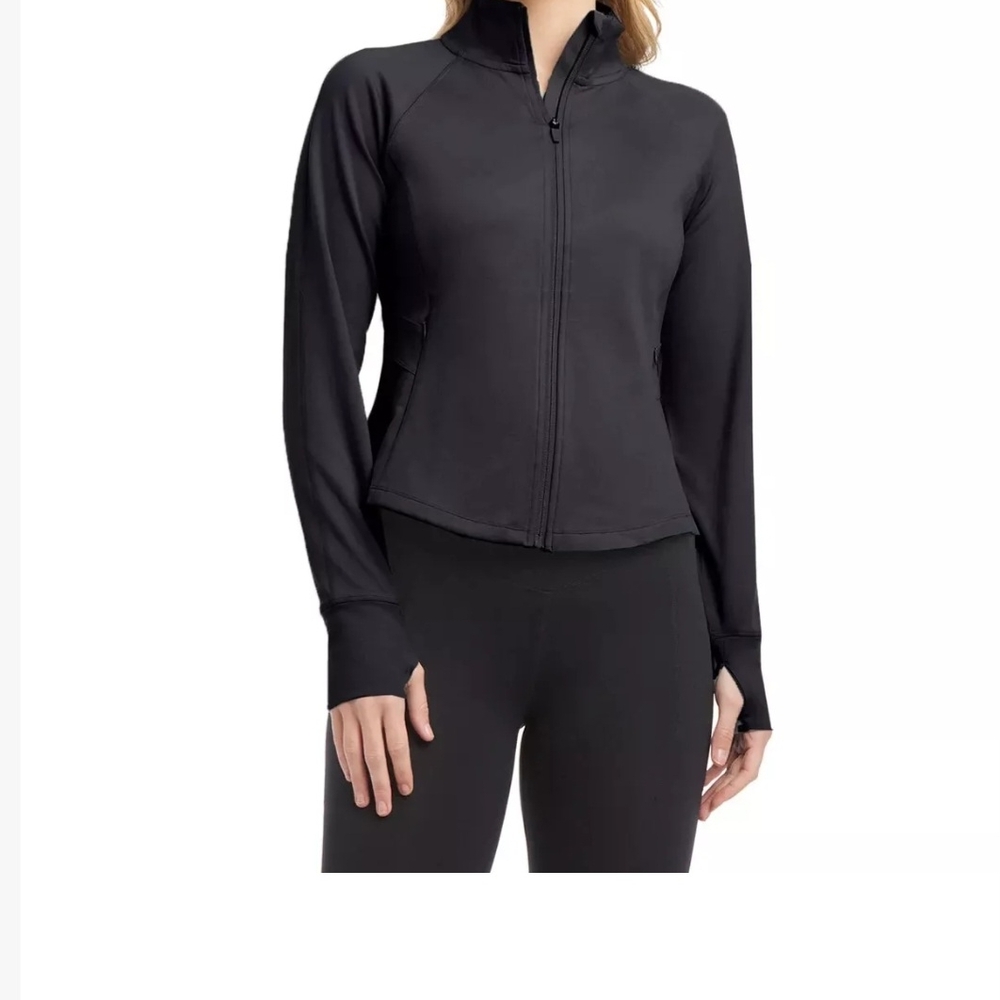 Jockey Women's Tulip Hem Yoga Jacket Zippered Pockets Thumbhole Cuff, Black, M